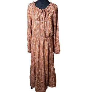 Allison Brittney Maxi Dress Sz Large‎ Long Sleeve Bohemian Casual Tie Neck Brown